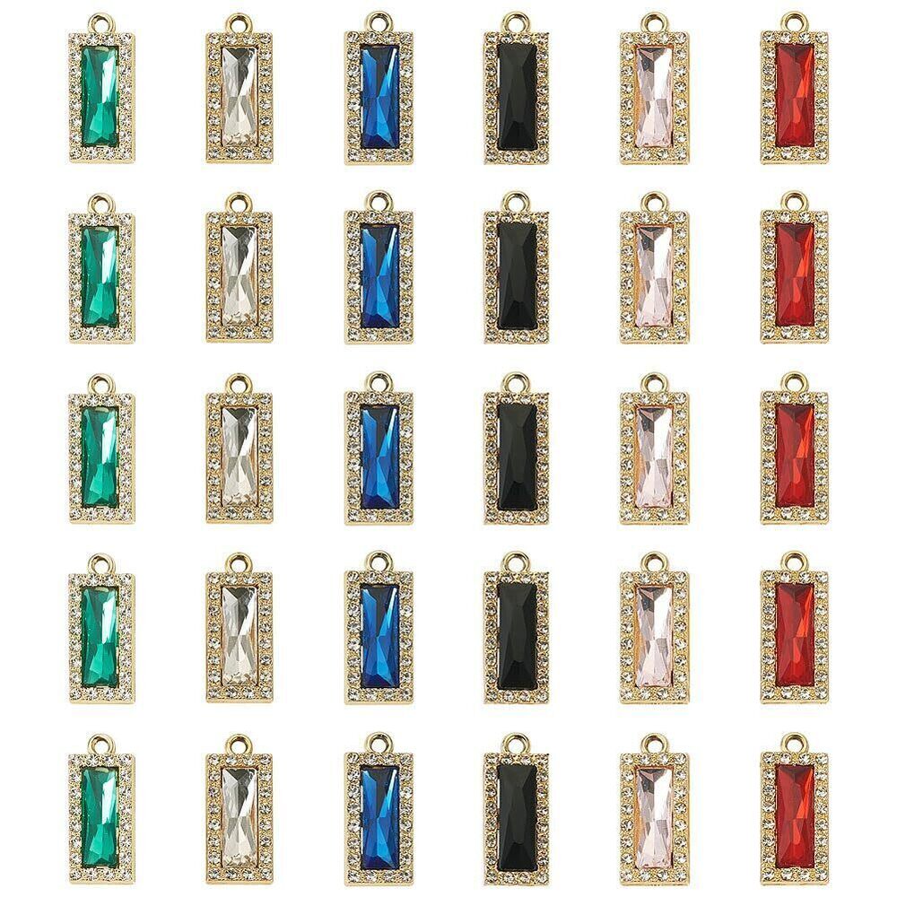 7895 36Pcs Gold Zinc Alloy Pave Rhinestone Crystal Charms Bulk Rectangle